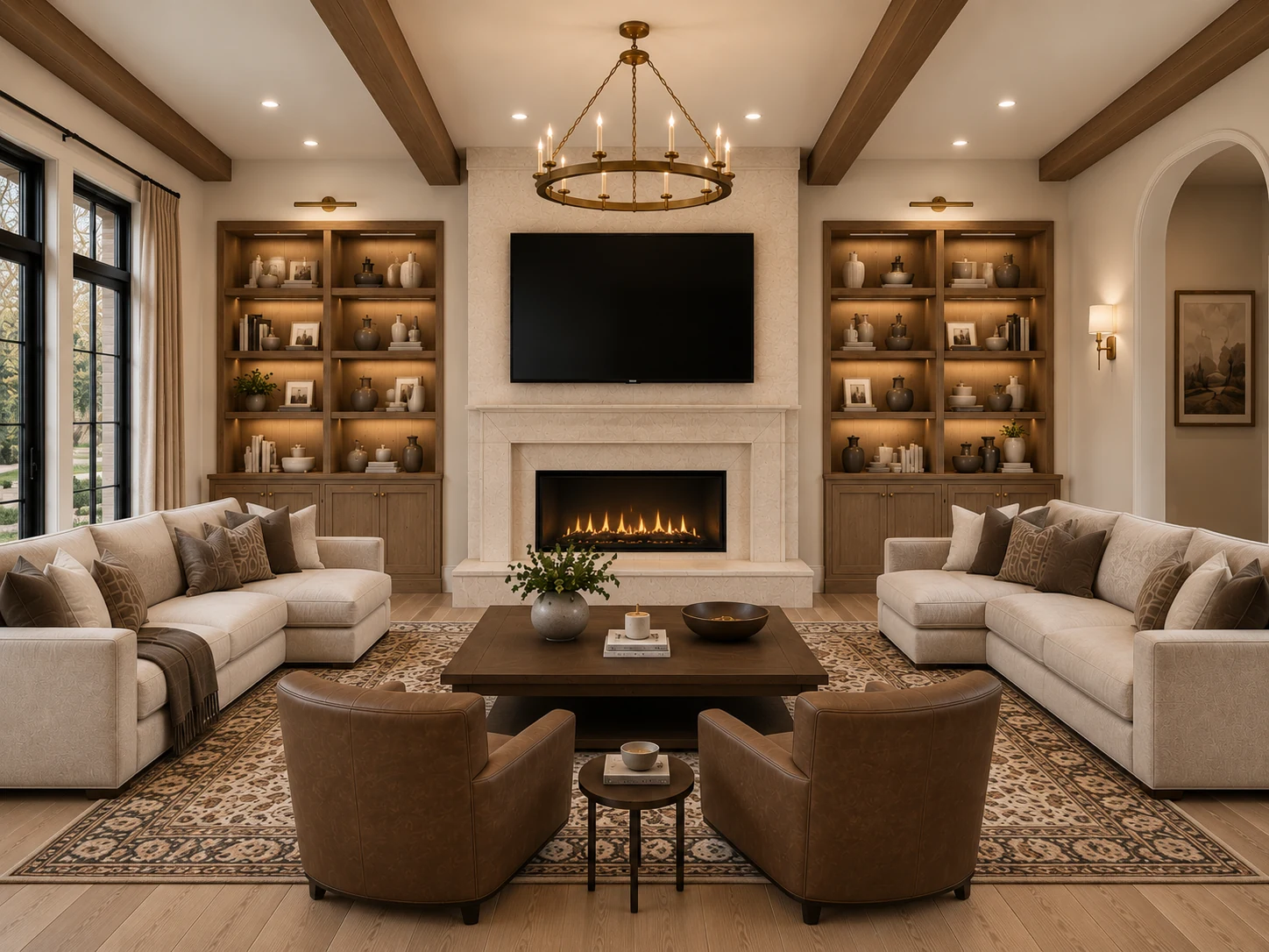 Den rendering with wood ceiling beams, a fireplace, built-in shelving, and generous seating