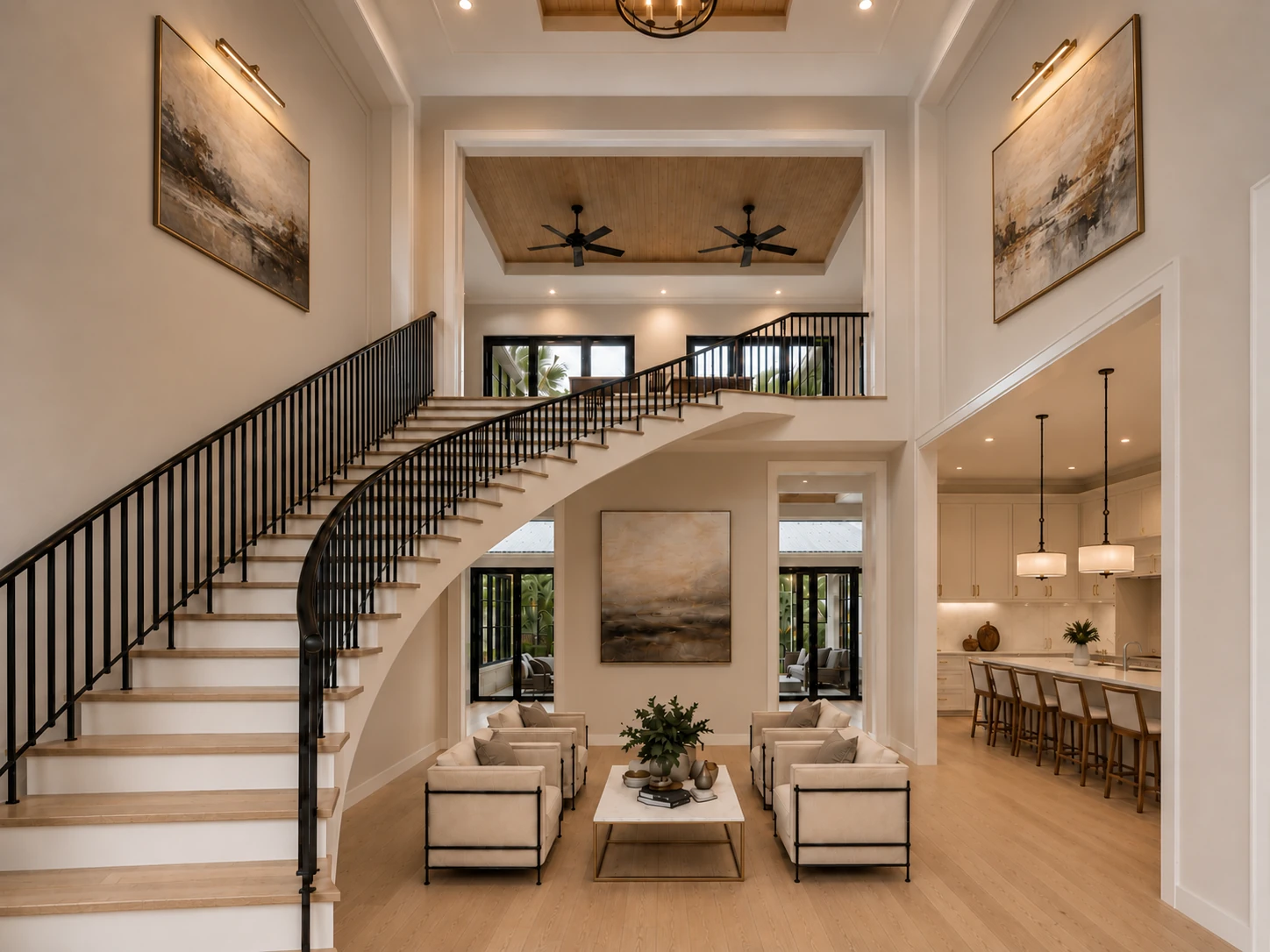 Double-height great room with a sweeping staircase and oak ceiling