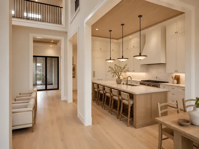 Ceiling-height warm white cabinetry, white oak, and Taj Mahal quartzite