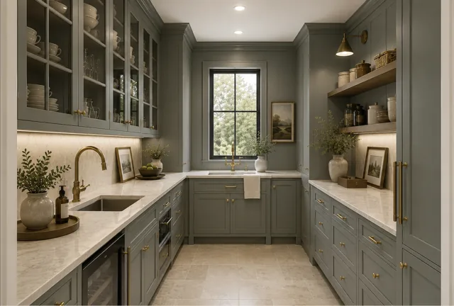 Scullery rendering with muted green cabinetry, light stone counters, glass-front storage, and brass fixtures