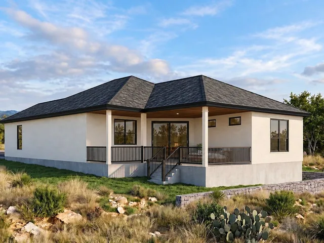 Rendering of the covered rear porch at 816 Oak Lane, with black railings and a sloping Hill Country landscape.