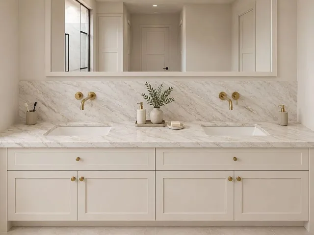 Bathroom rendering at 816 Oak Lane with a double vanity, pale stone surfaces, cream cabinetry, and brass fixtures.